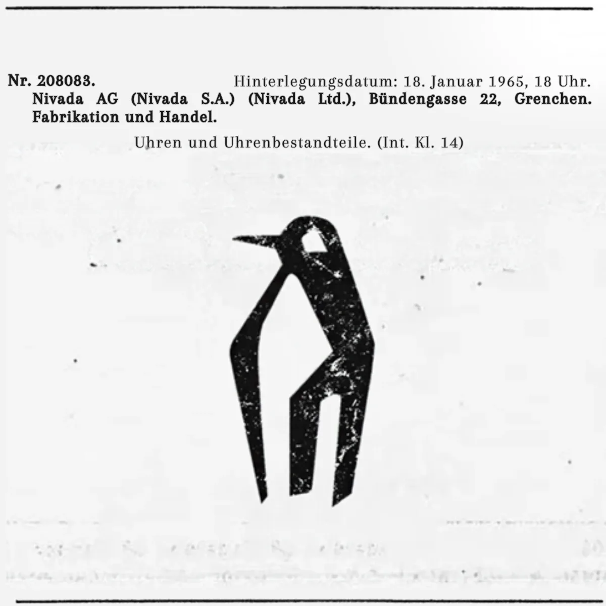 Documento de patente de 1965 do desenho dos pinguins da Nivada Grenchen
